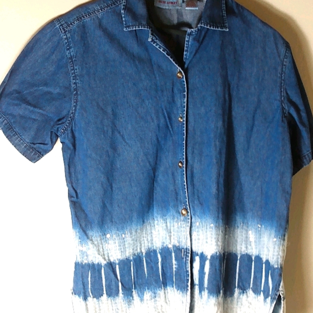 Jane Ashley L Tie Dye Ombre Sparkle Denim Jeans Button Down Short Sleeved Top